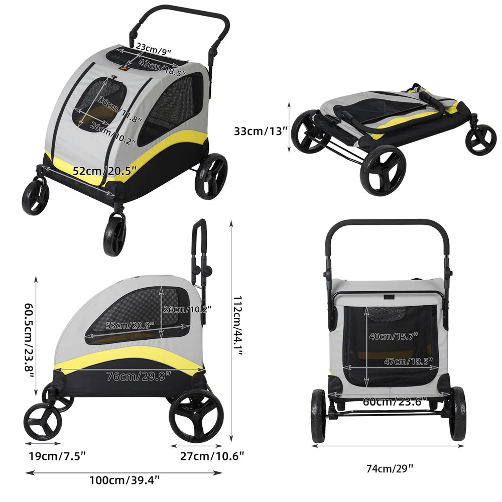 Dog Stroller Pram 4 Wheel Foldable Travel Jogger Wagon