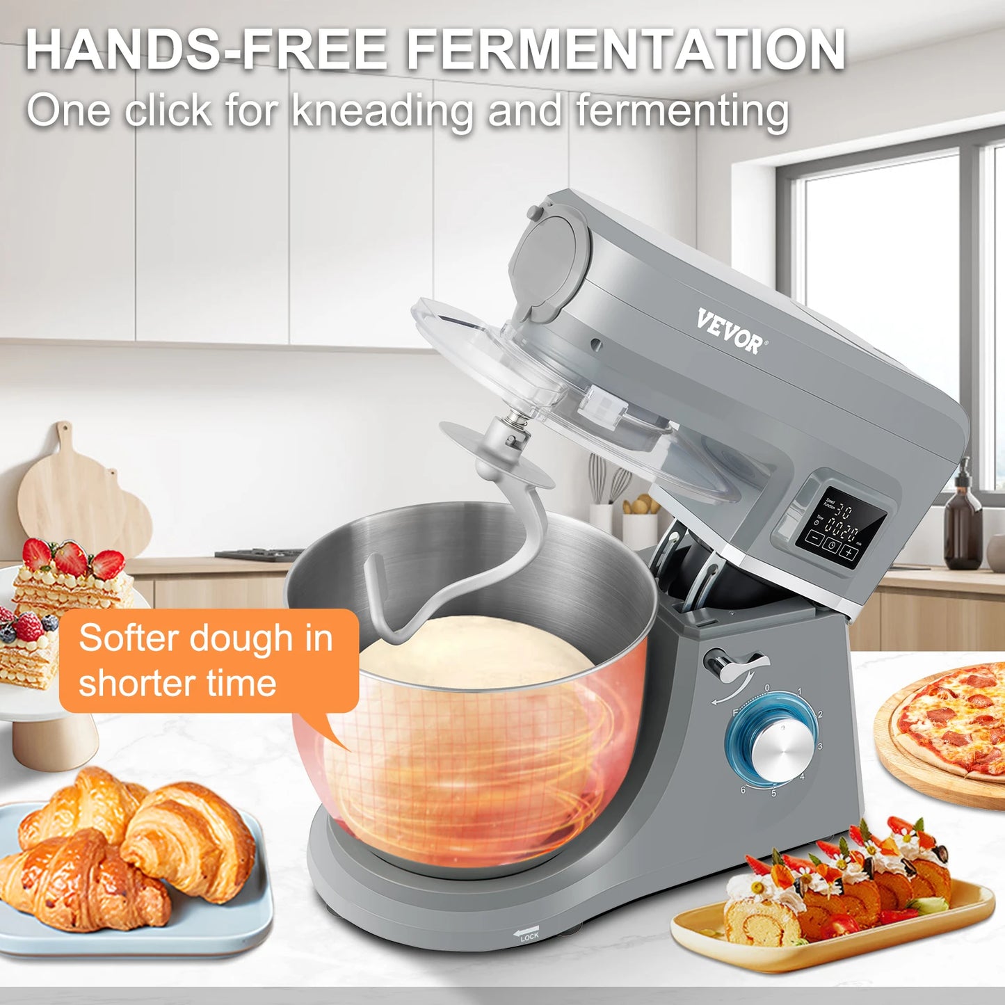 SucceBuy 5 IN 1 Stand Mixer Tilt-Head Multifunctional Electric w/ 6 Speeds LCD Screen Timing 7.4 Qt Stainless Bowl Dough Hook