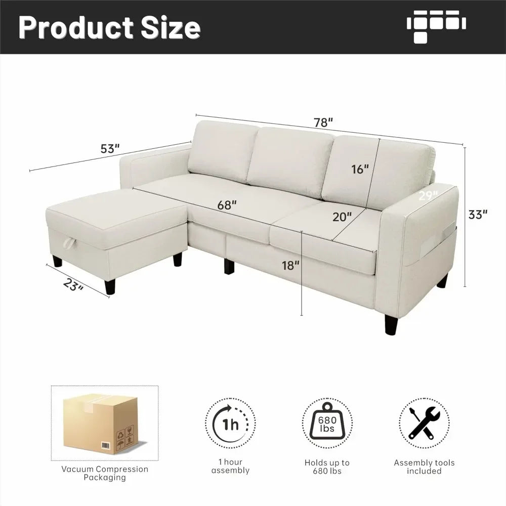 L-Shaped Sectional Sofa Pet-Friendly Linen Modular 3-Seater