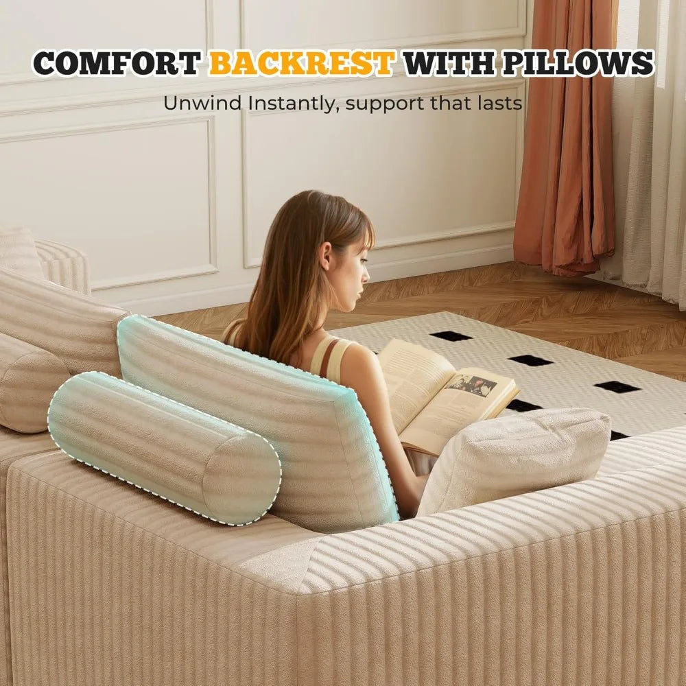 Modular U Shaped Cloud Sofa Set With Ottoman And Corduroy Six Seats Frameless Living Room Furniture