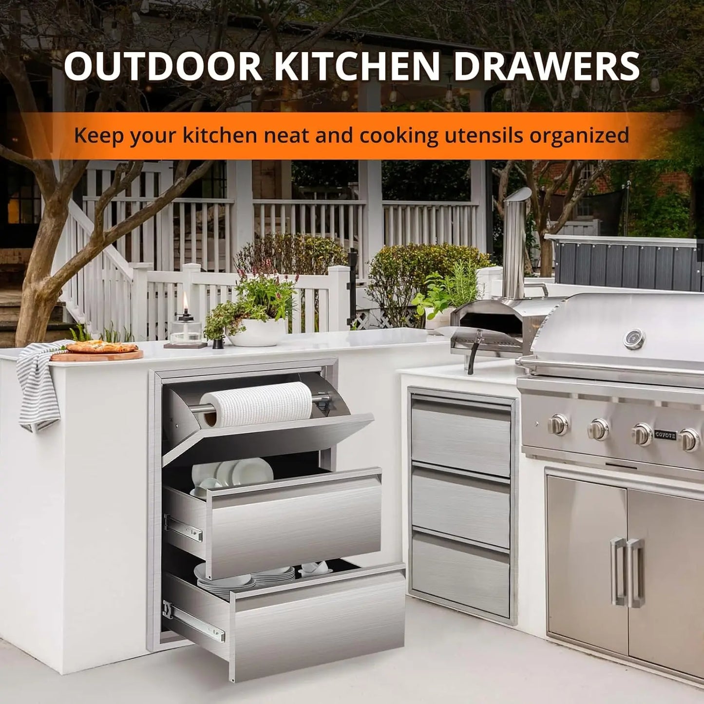 Studyset Stainless Steel Outdoor Kitchen Drawers With Paper Towel Holder 3 Layer Flush Mount