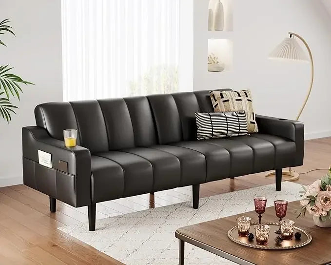 HUANZHUANG Faux Leather Sofa Bed With Adjustable Backrest