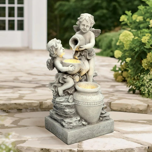 LuxenHome 30 Inch Outdoor Water Fountain, Resin Angels Water Fountains Indoor and Outdoor with LED Light, 3 Layers Angels and Ur