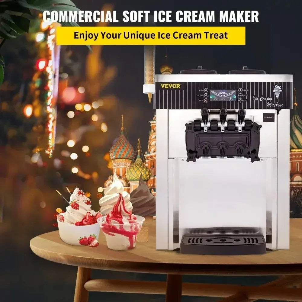 Sihao 2200W Ice Cream Machine 5.3-7.4Gal/H Soft Serve with LED Display Auto Clean 3 Flavors Sweet Cone Freezing Equipment