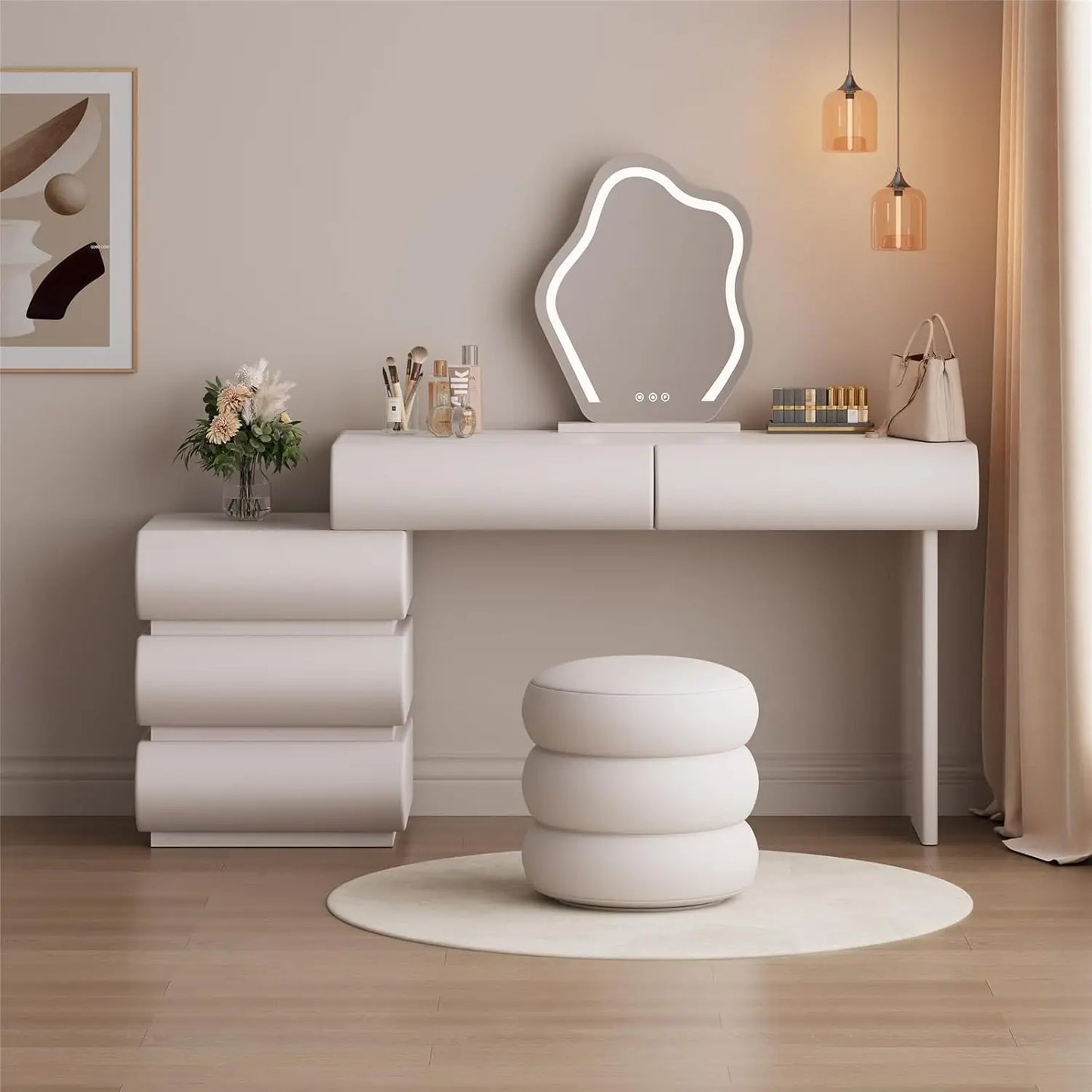 Makeup Vanity Desk with Mirror and Lights, Modern Vanity Table with 5 Drawers, LED Touch Sensor Mirror,