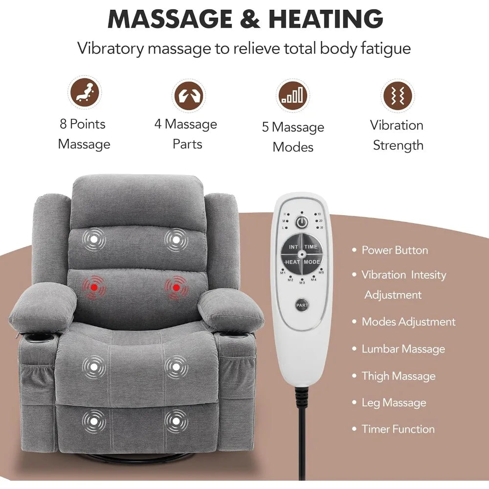 Rocker Recliner Chair With Heat And Massage 360 Swivel
