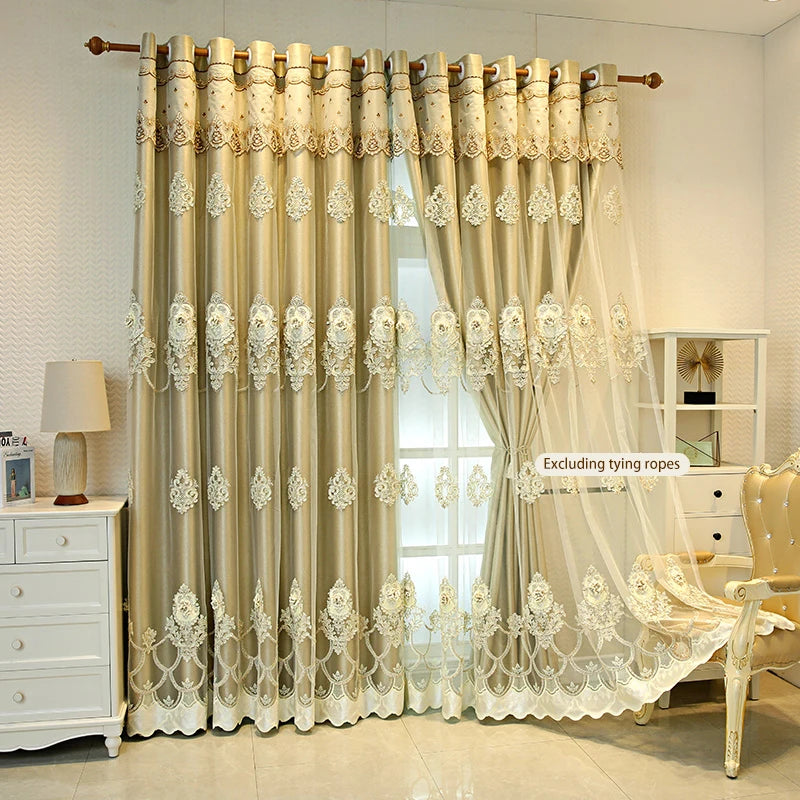 Double Layer Blackout Curtains With Embossed Base And 3D Embroidered Detailing In Polyester For Bedroom And Living Room