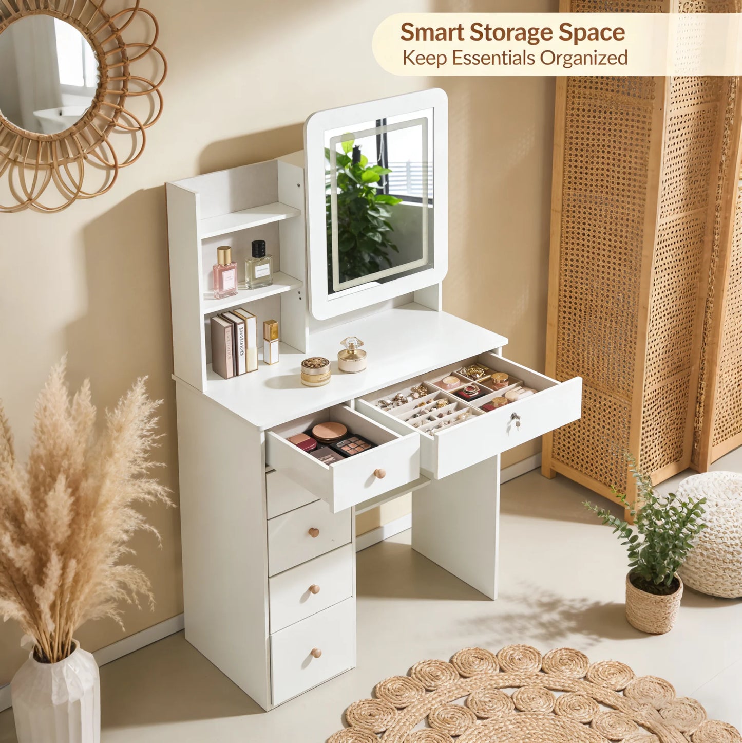 Modern Makeup Vanity Desk with Drawers & Mirror, Space-Saving Dressing Table for Bedroom, Holiday Gift Idea