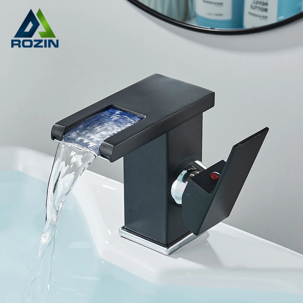 Rozin LED Bathroom Basin Faucet Waterfall Hot Cold Deck Mounted