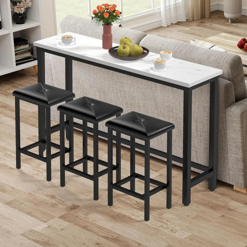 Bar Table and Chairs Set With PU Stools Faux Marble