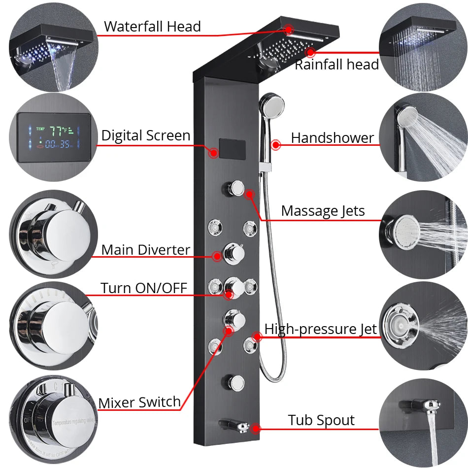 Uythner HighIntensityLED Shower Panel System With Rainfall Massage Temperature Display