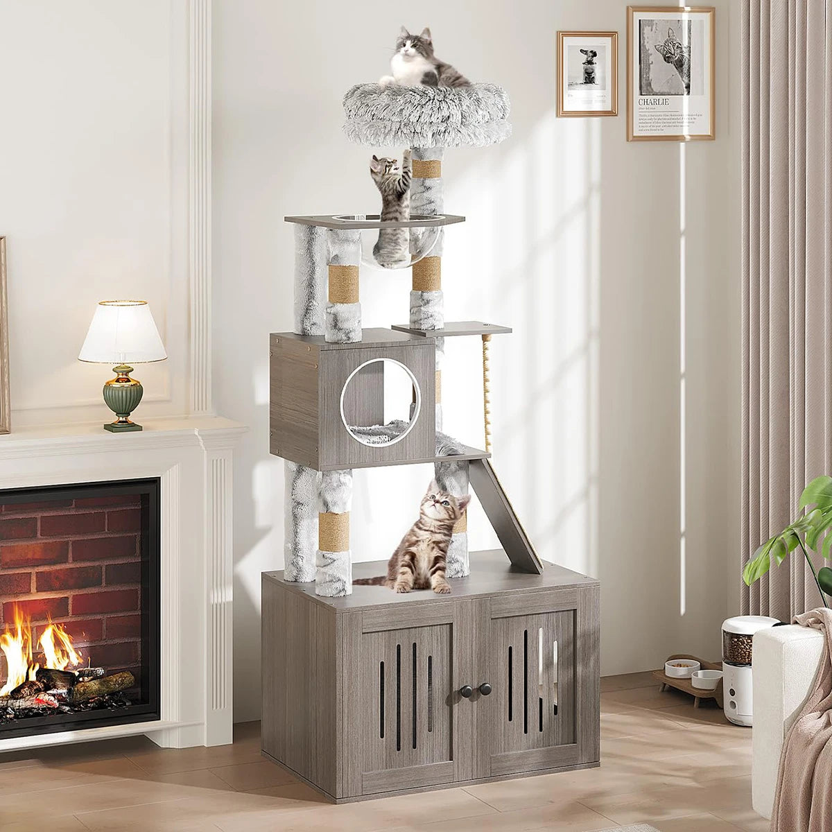 66.9'' Multi-Level Cat Tree Tower with Enclosed Litter Box – Condo/Perch/Scratching Posts/Capsule Nest, Cat Furniture for Indoor