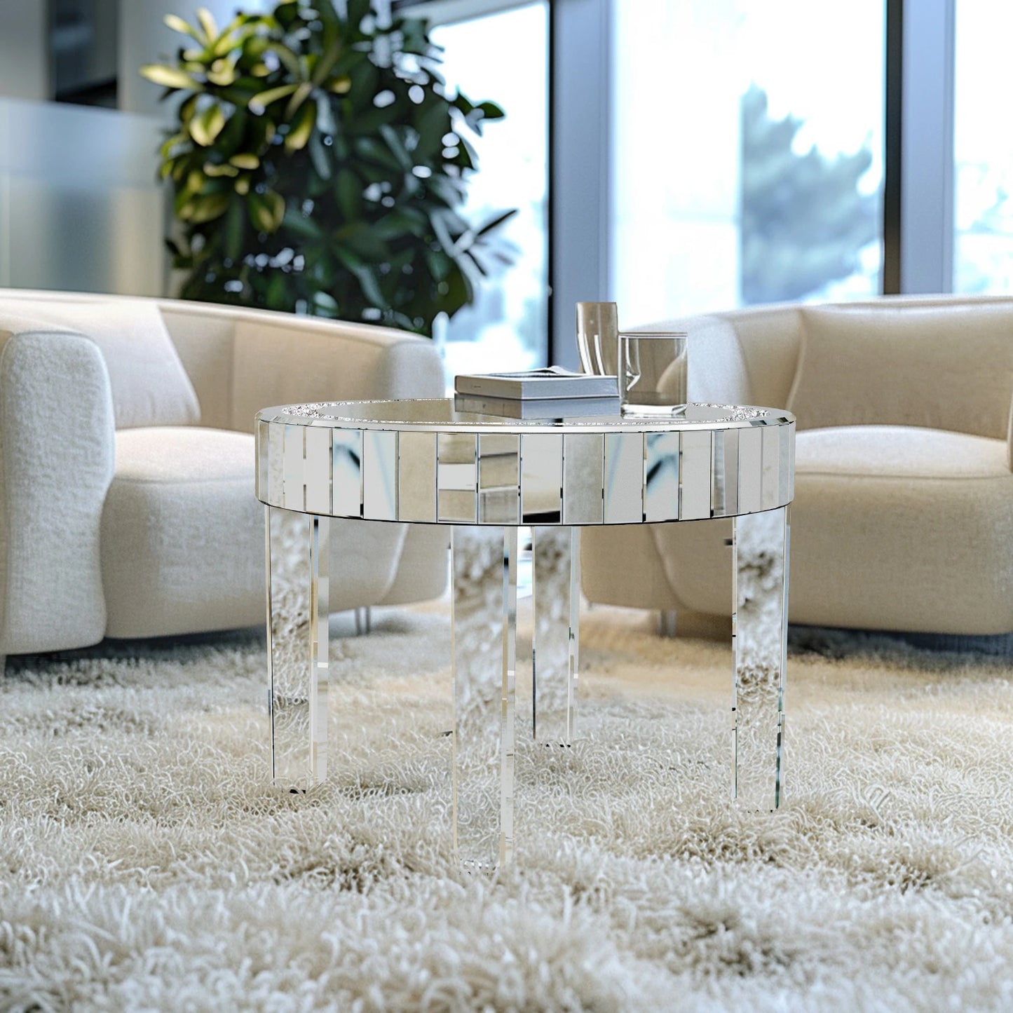 LUVODI Luxurious Round Bejeweled Mirrored Nightstand With Crystal Inlay Detailing