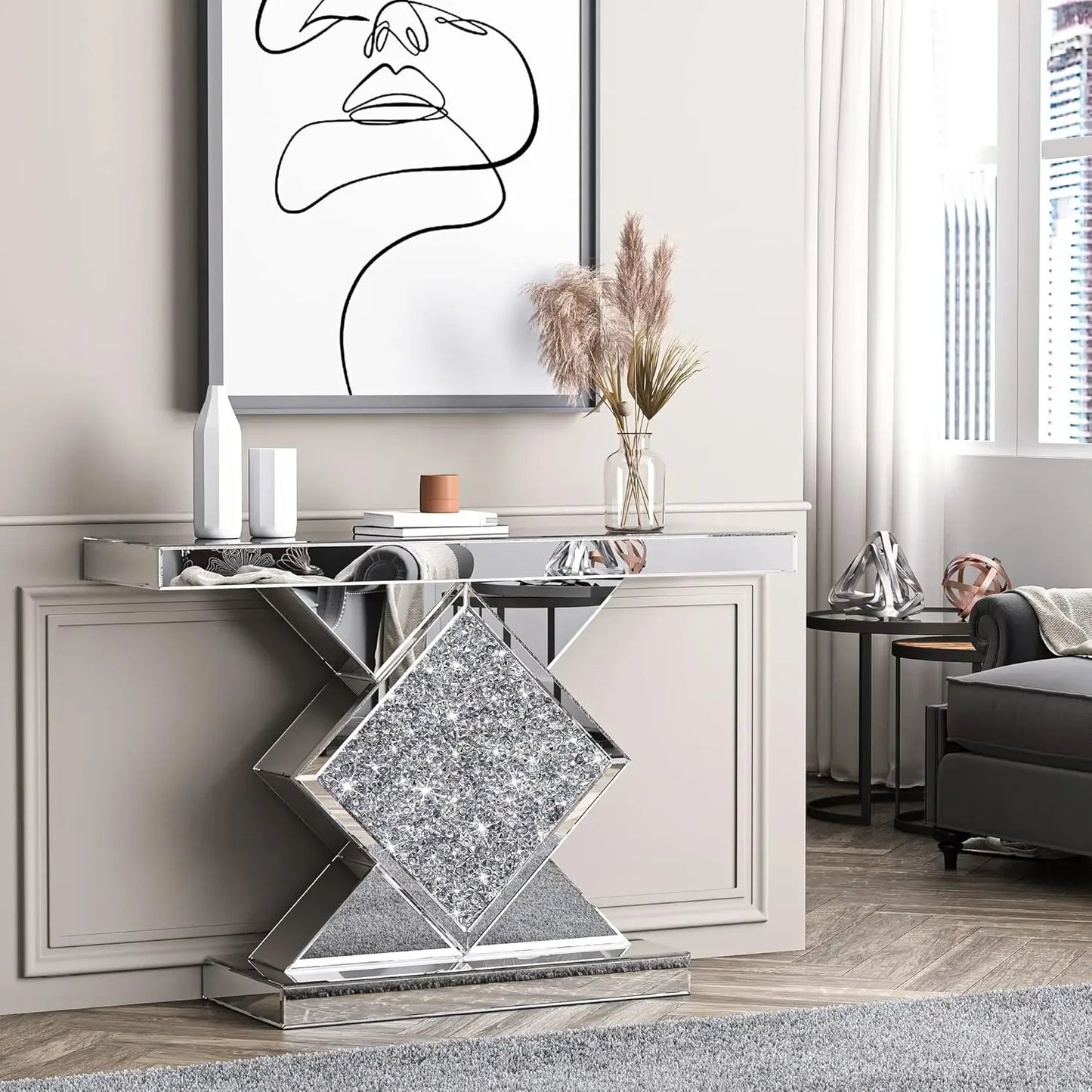 SHYFOY CrystalAccented Mirrored Console Table Diamond Shaped Narrow Sofa LuxuriouslyCrafted
