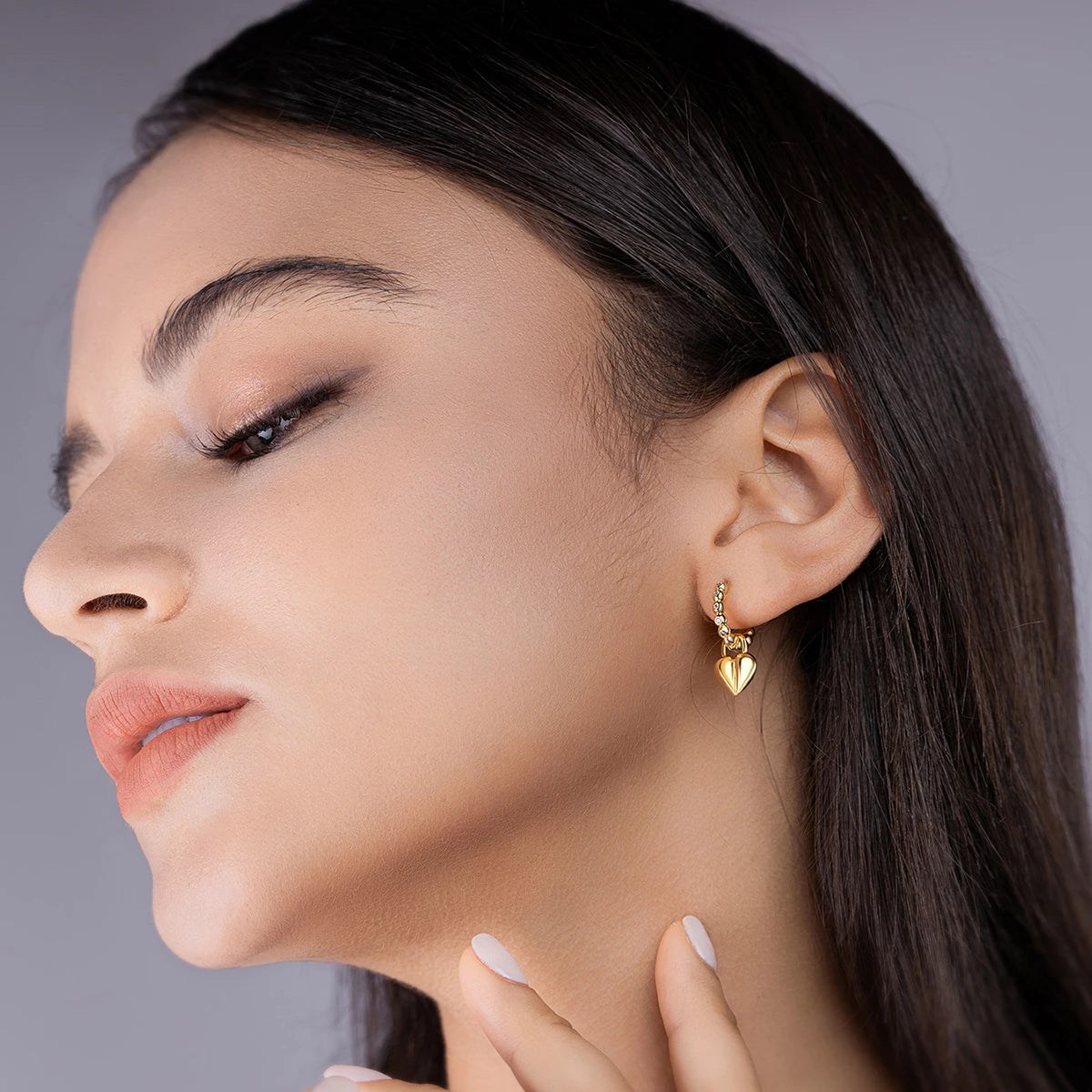 JIUZUAN 18K Gold Plated Heart Drop Earrings, 925 Silver with Moissanite, Beaded Hoop Design - Romantic Gift Jewelry for Women