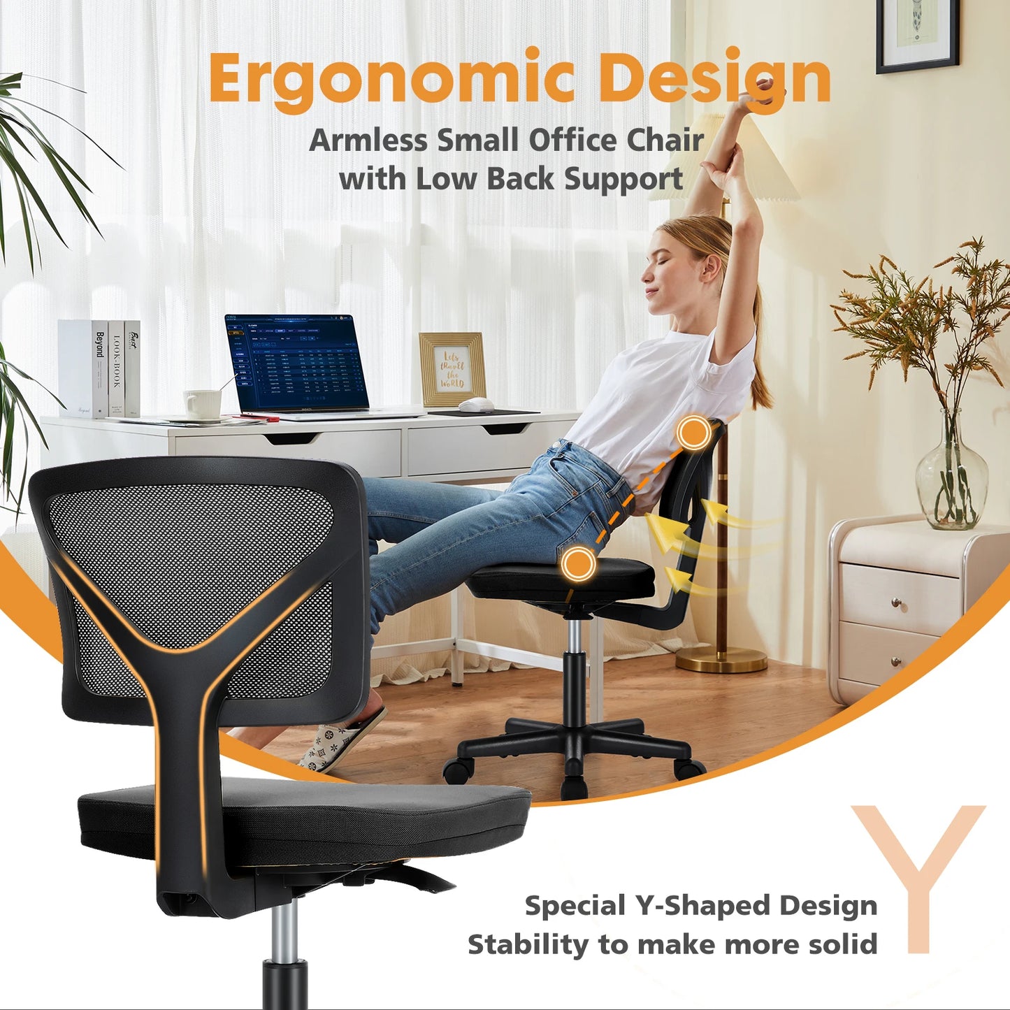JHK Armless Mesh Office Chair With Lumbar Support 360 Swivel
