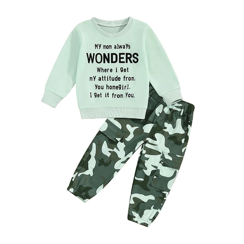 Pudcoco Girls TwoPiece AutumnOutfit LongSleeve ONeck CamouflagePants LetterPrint EverydayWear