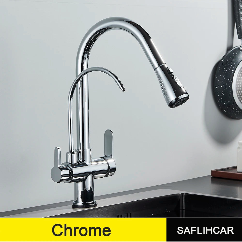 SAFLIHCAR Pull Out Dual Water Modes Kitchen Faucet With Cold And Hot Water Purification Deck Mounted Brass