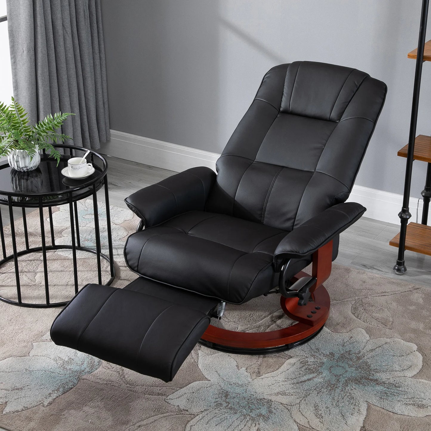 HOMCOM Faux Leather Reclining Swivel Lounge Chair With Wooden Base