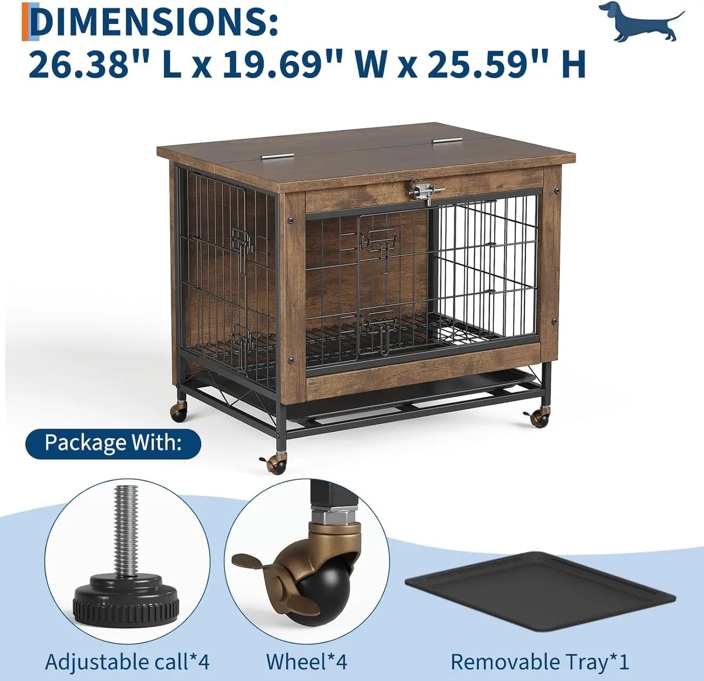 Dog Crate Furniture 26 Inch Indoor Wooden Kennel Double-Door Pet Cage with Wheels/Removable Tray, Indoor Pet Side Table Dog Box