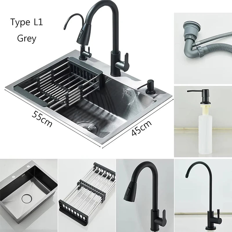 Stainless Steel Kitchen Sink with Faucet Drinking Water Tap/Soap Dispenser 55x45cm Sink Kit with Drain Set/ Basket
