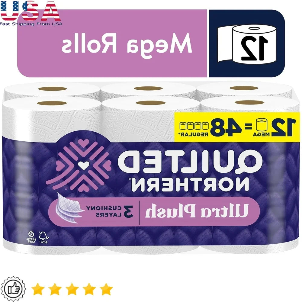 Ultra Plush 3-Ply Toilet Paper Bulk Pack 12 Mega Rolls Soft Absorbent Lint Free Septic Safe
