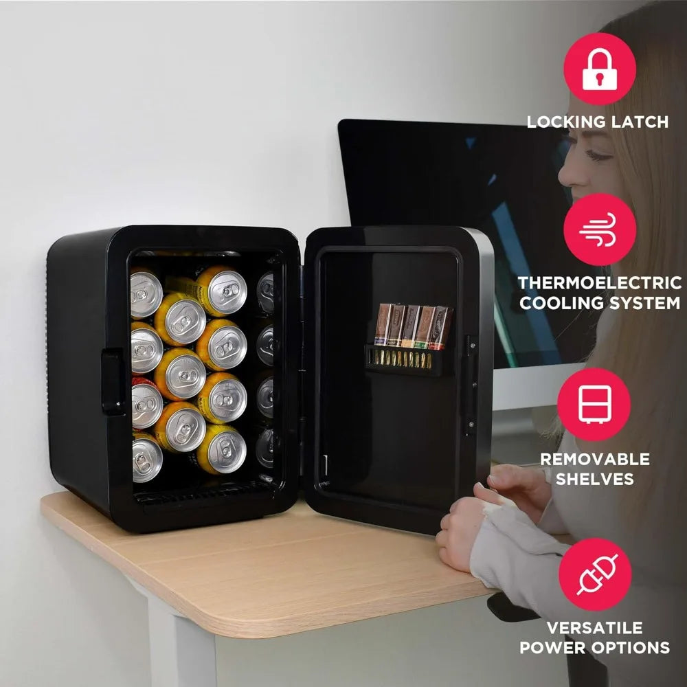 Mini Personal Fridge Cooler, Countertop, Holds Up to 10L/15 Cans, Brushed Black StainlRugged Design, Portable for Skincare