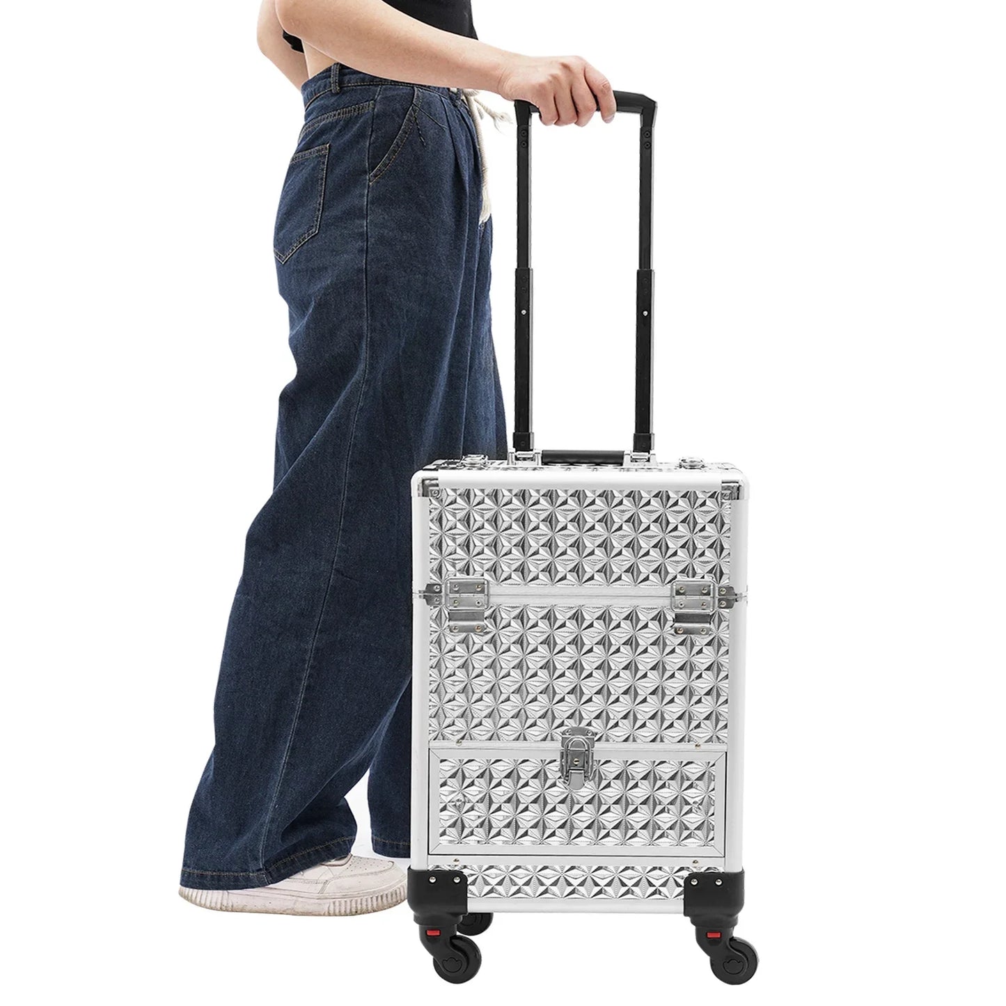 BYMAOCAR Travel Beauty Luggage W/Trolley Lock, Rolling Makeup Train Case, Portable Makeup Organizer Suitcase