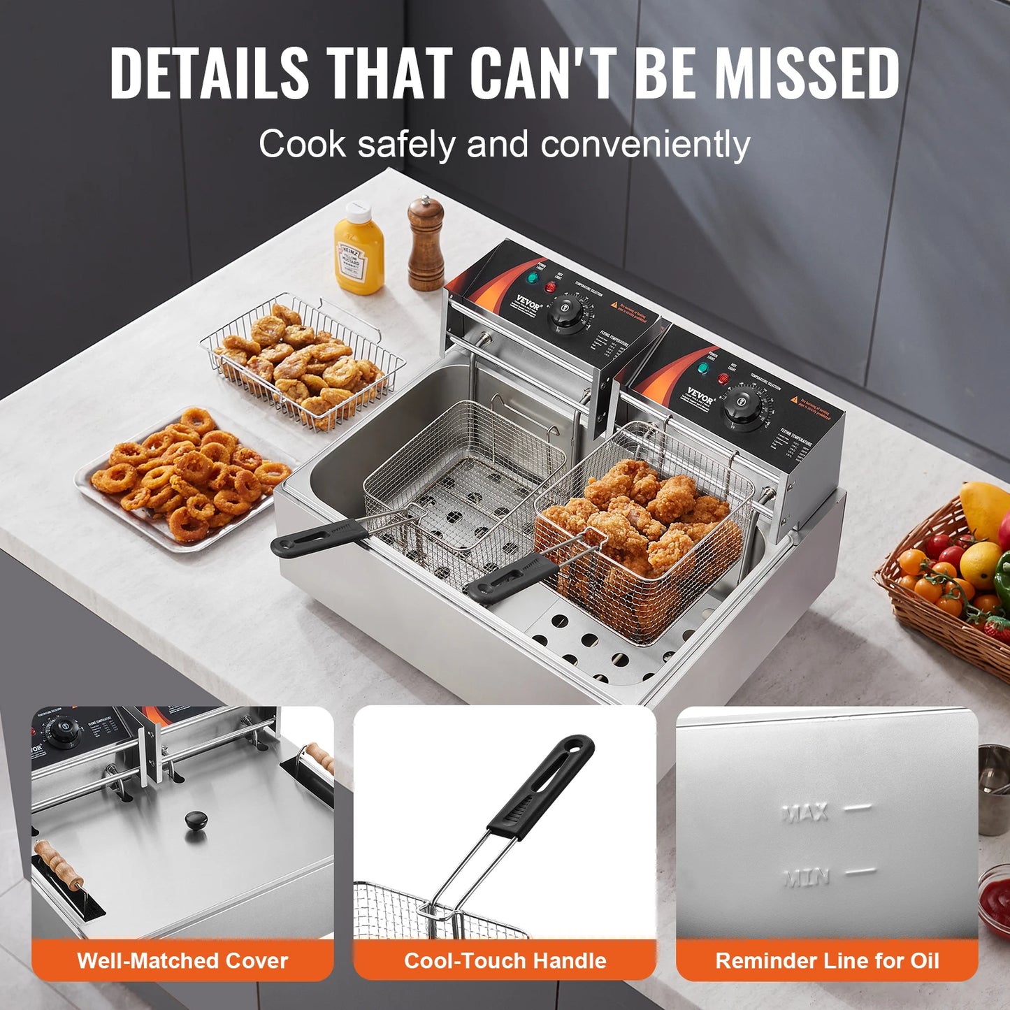 SucceBuy Commercial Deep Fryer 3000W Electric Turkey Fryer Large Capacity 18Qt / 17L Stainless Steel Countertop Single Oil Fryer