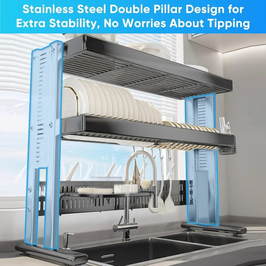 Large Over The Sink Dish Drainer Drying Rack，2 Tier Large Capacity Stainless Steel Dish Drying Rack Over Sink, Multifunctional K