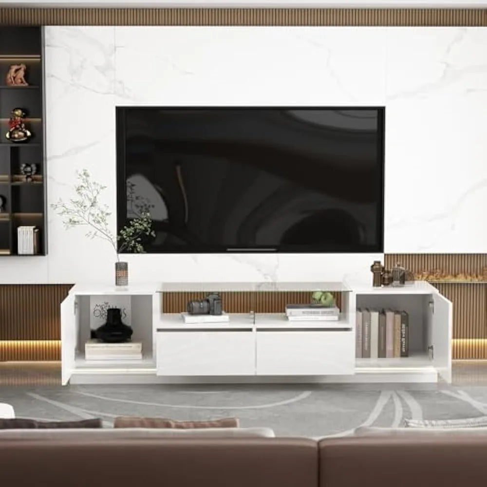LED Glass TV Stand Console With Drawers Shelves and Cabinets for Modern Entertainment Center