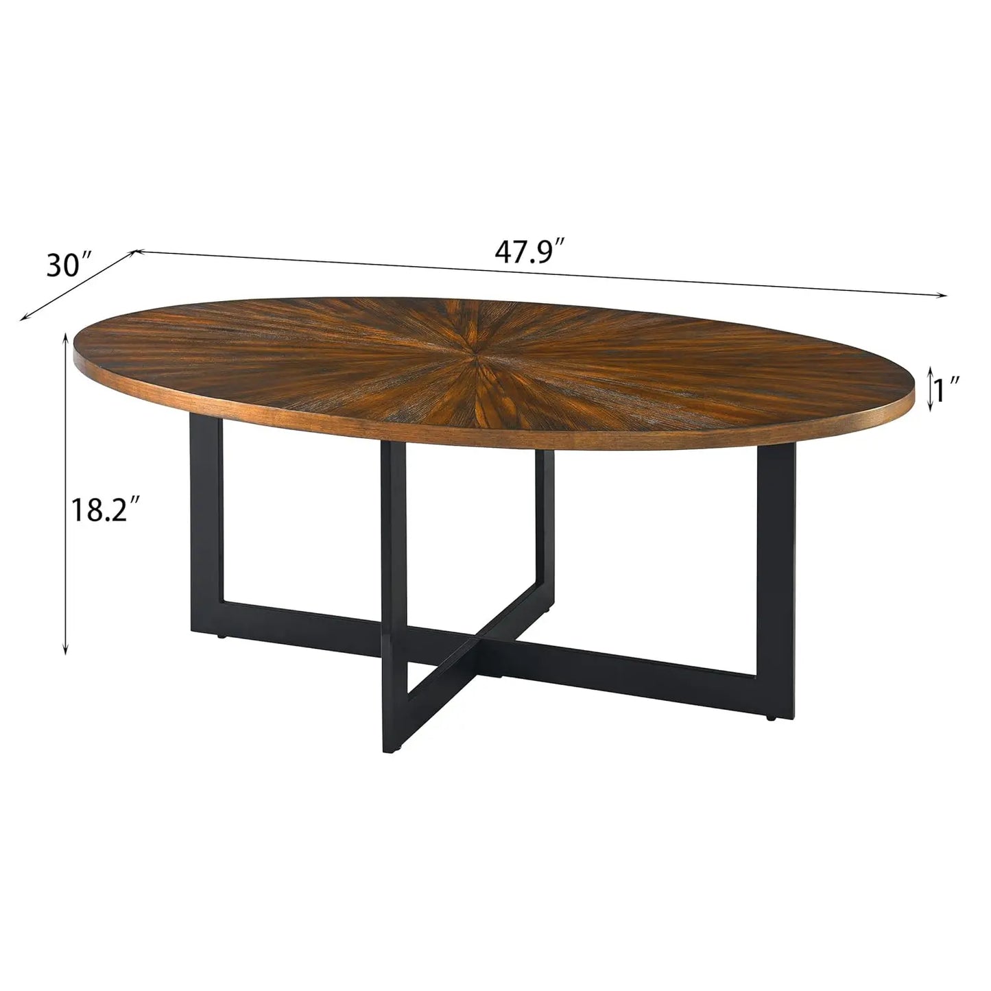 Solid Wood Oval Coffee Table With Cross Metal Legs