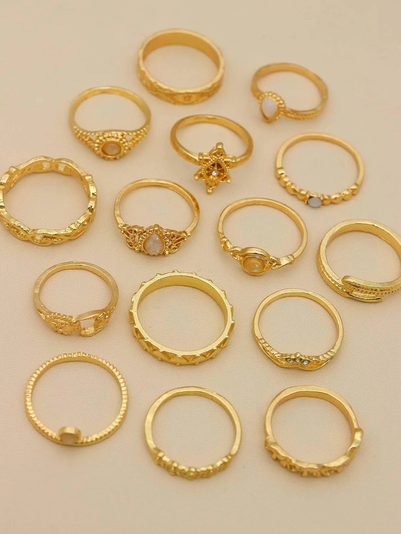 15pcs Gold Tone Boho Ring Set with Opal & Rhinestone Accents for Women