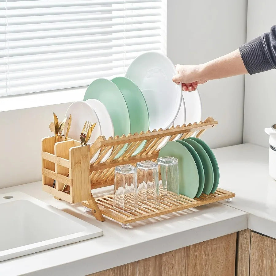 Bamboo Dish Drying Rack, 3 Tier Collapsible Wooden Dish Drainer Rack with Utensil Holder, Plate Rack for Kitchen Counter, Large