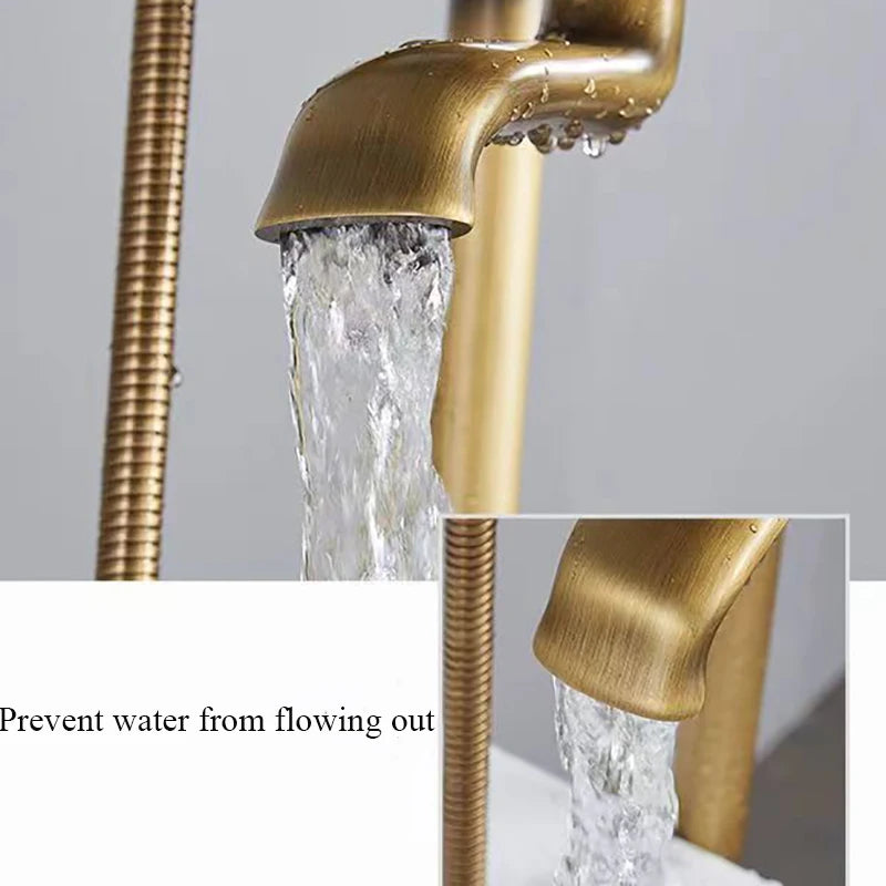 ALENARTWATER Brass Antique Bathroom Faucet Set With 360 Rotation Floor Stand Telephone Hand Shower