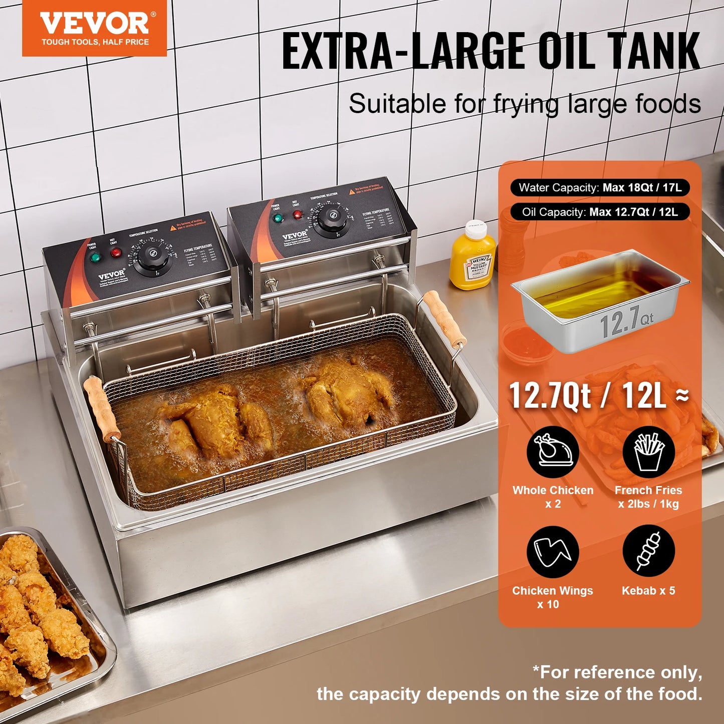 SucceBuy Commercial Deep Fryer 3000W Electric Turkey Fryer Large Capacity 18Qt / 17L Stainless Steel Countertop Single Oil Fryer