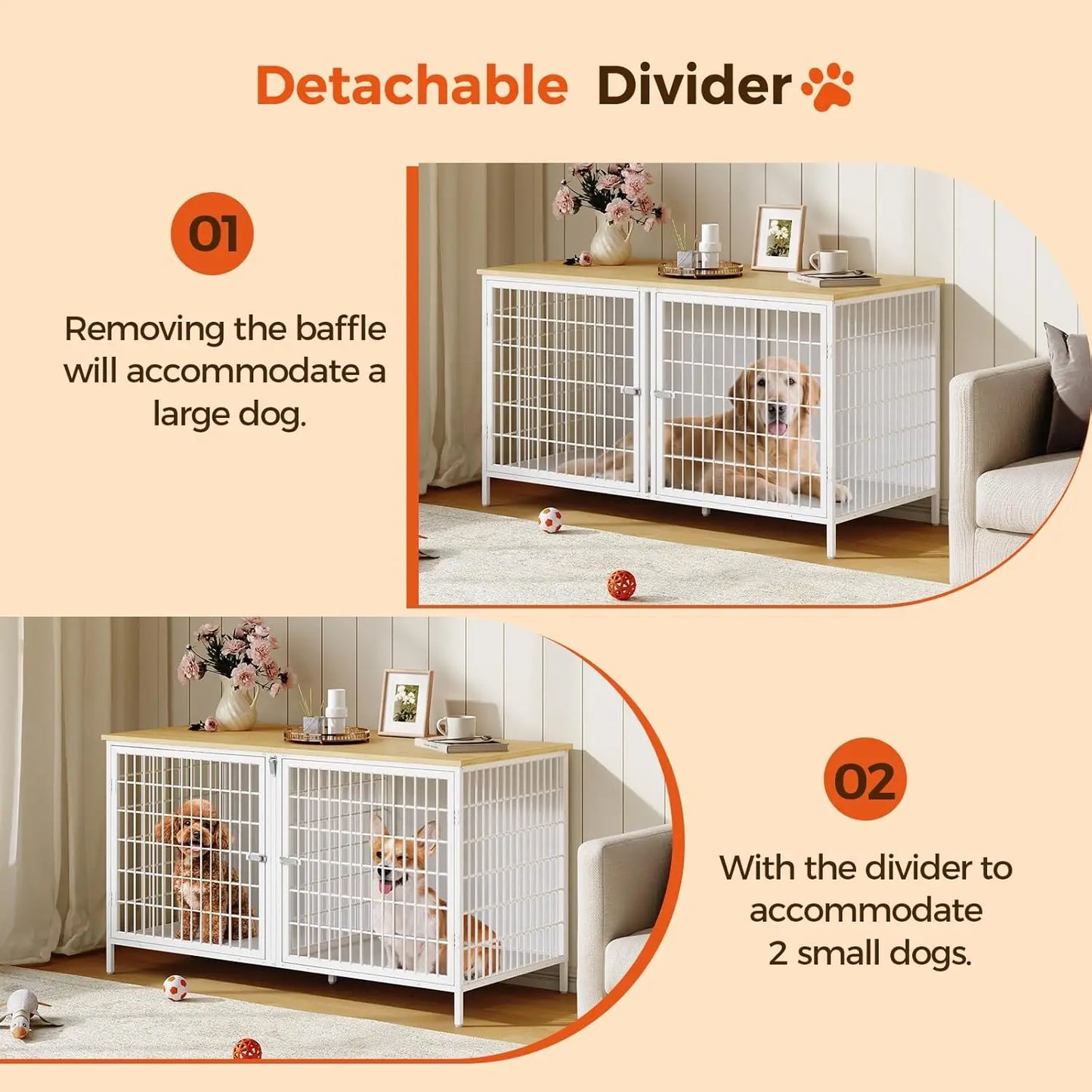 Double Dog Crate Furniture with Removable Divider, Sturdy Indoor Kennel for Small Medium Pets, Natural White End Table