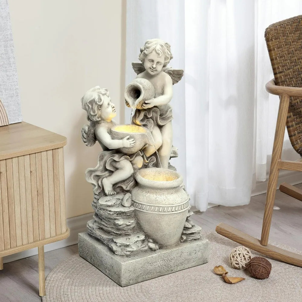 LuxenHome 30 Inch Outdoor Water Fountain, Resin Angels Water Fountains Indoor and Outdoor with LED Light, 3 Layers Angels and Ur