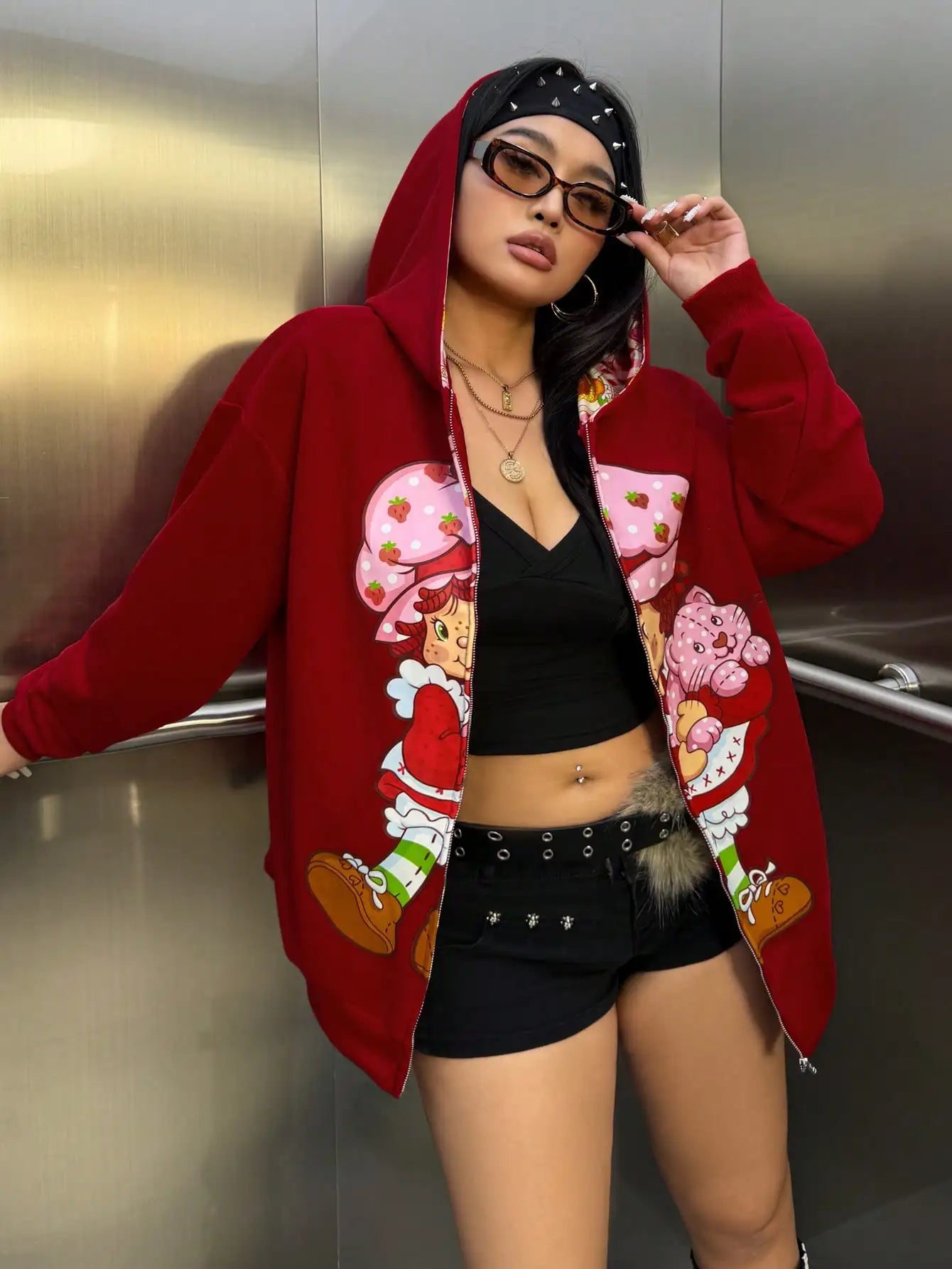 Strawberry Shortcake Cartoon Print Zip-Up Hoodie for Women, Loose Fit Drop Shoulder, Spring Autumn Casual