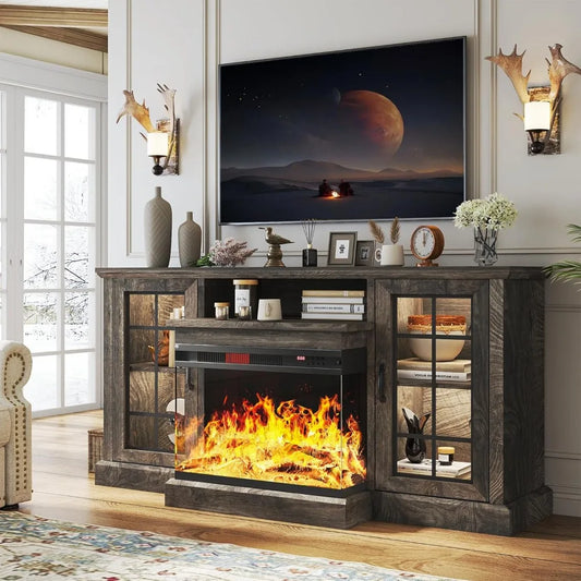 ZHUXIANG Modern Fireplace TV Stand With Three Sided Glass Doors Entertainment Center
