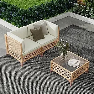 Outdoor Patio Furniture Set Wicker Sectional Sofa Boho Conversation With Tempered Glass Table