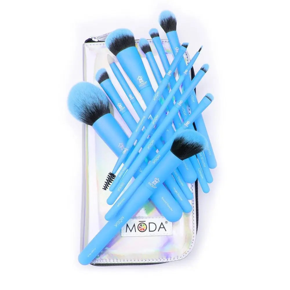 Electric Neon Blue Makeup Brush Kit – 13pc Vibrant Brush Set for Face & Eyes with Zip Case