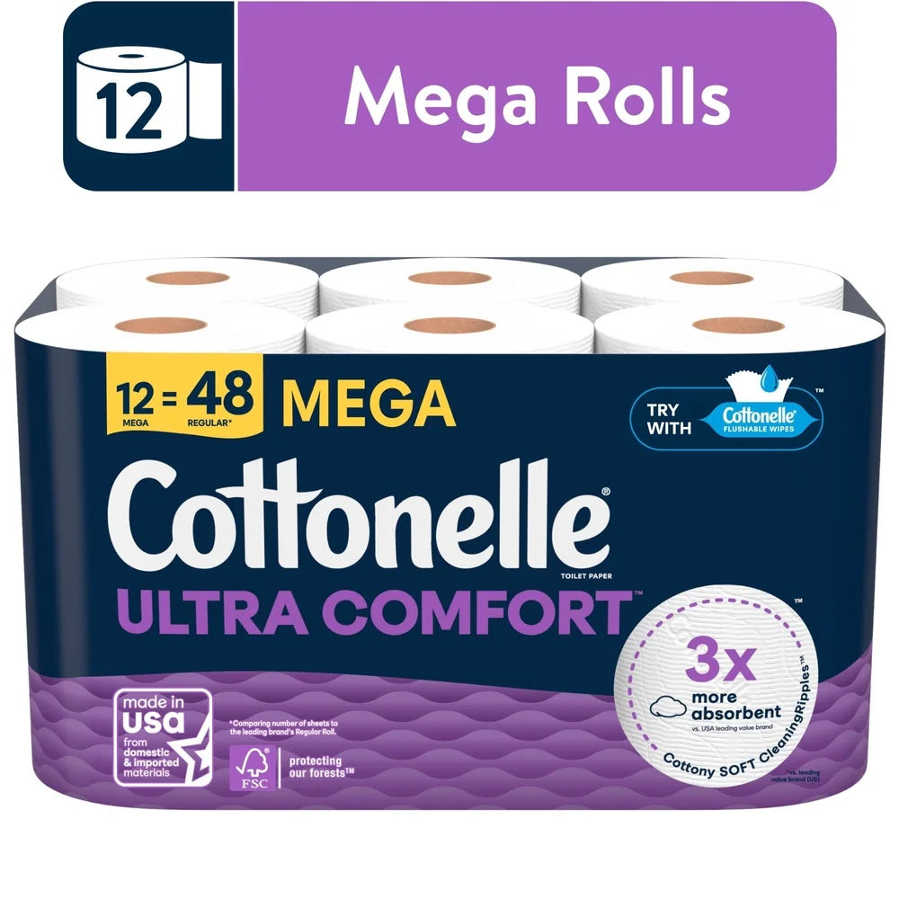 Ultra Comfort Soft Toilet Paper 2 Ply 12 Mega Rolls Absorbent FSC Certified Virgin Wood Pulp