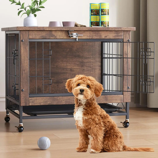 Dog Crate Furniture 26 Inch Indoor Wooden Kennel Double-Door Pet Cage with Wheels/Removable Tray, Indoor Pet Side Table Dog Box