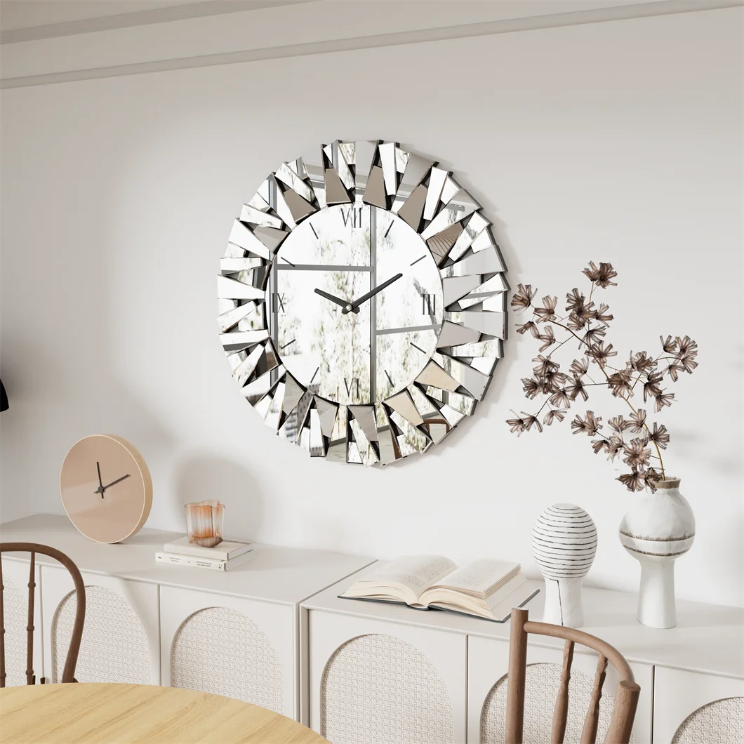 Wall Clock 3D Mirrored Sunburst Edge Roman Numeral UltracontemporaryExquisite Decor