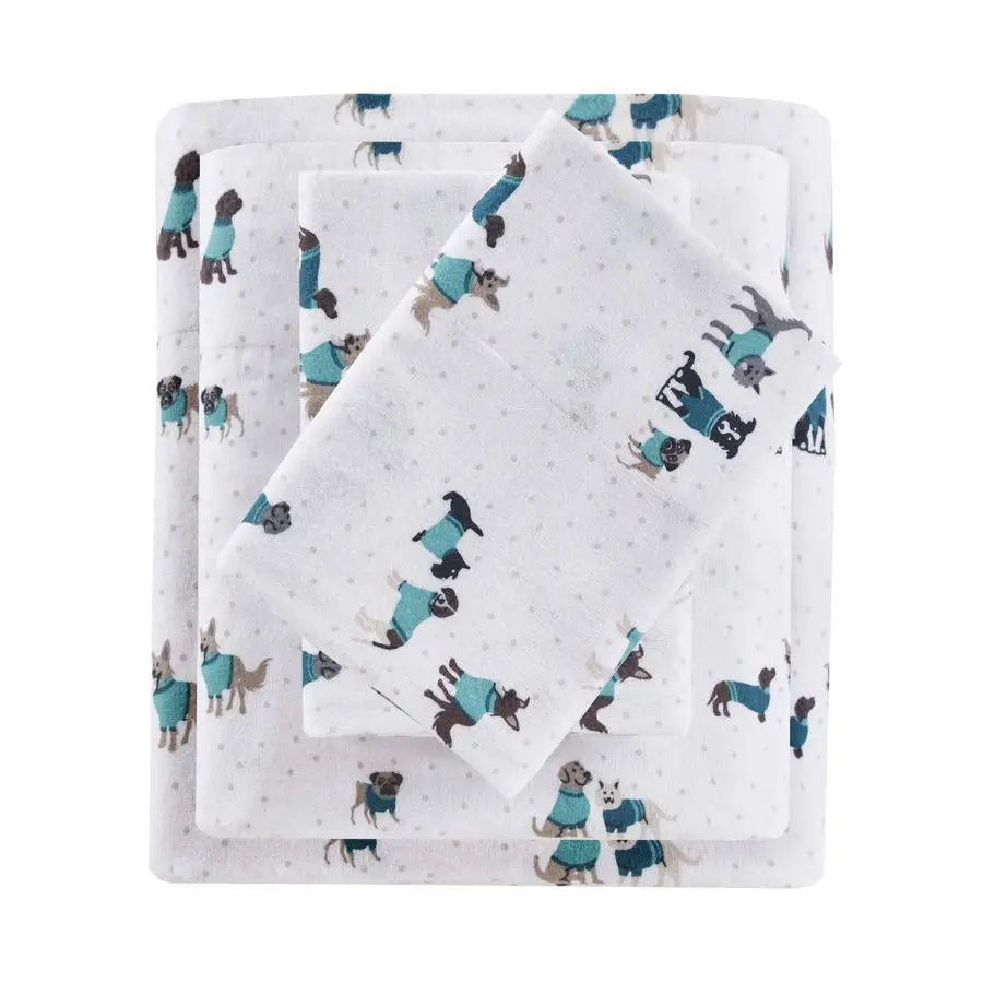 Cozy Flannel Animal Print Dogs Sheet Set 3 Piece Bedding