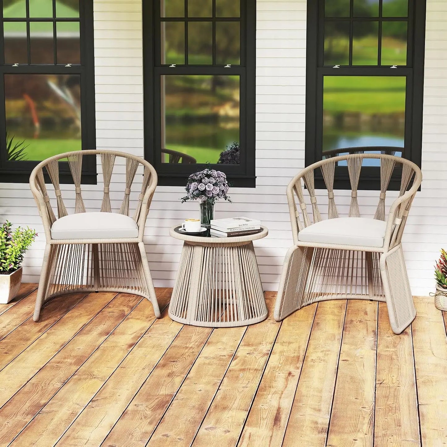 Outdoor 3 Piece Patio Chair Set With Rope Woven Cushions