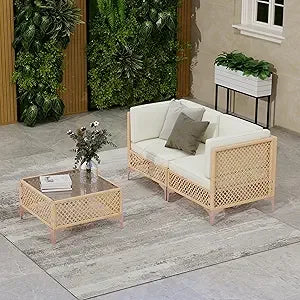 Outdoor Patio Furniture Set Wicker Sectional Sofa Boho Conversation With Tempered Glass Table