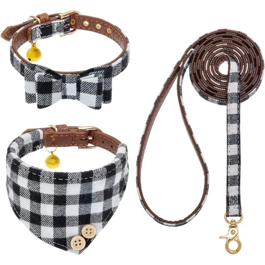 Plaid Dog Bow Tie Bandana Collar With Bell And Leash