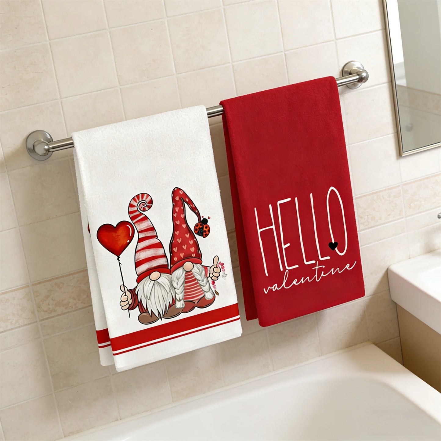 Valentine Heart Gnome Print Towels Set for Bath Kitchen Premium